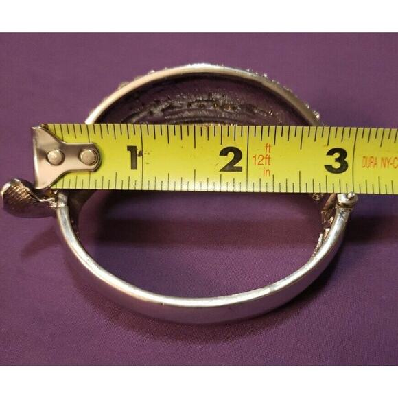 Chunky Large Leaf Shaped Hinged Bracelet, Silver Tone & Clear Glass Rhinestones - Picture 7 of 15